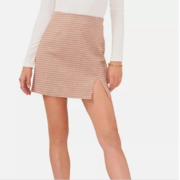 1. STATE Tan/Gray Plaid A-Line Mini Skirt Front Slit Lined Size 6 - Picture 1 of 5